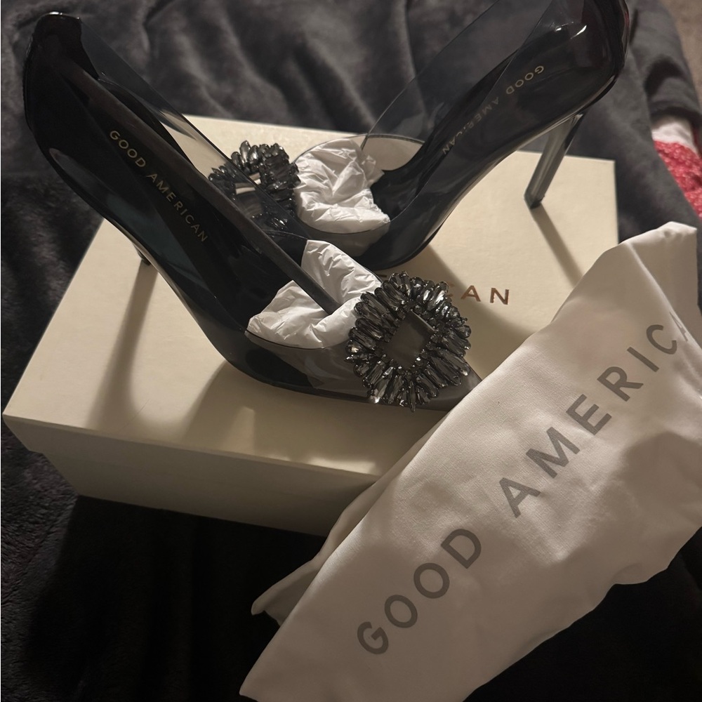 NIB GOOD AMERICAN Cinder-F*cking-Rella smoke translucent w/ jeweled toe SZ 5.5 - Picture 6 of 11